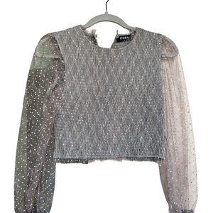 Storia Smocked Grey Dot Tulle Puff Sleeve Top